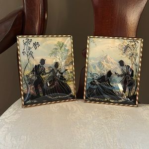 1930s reverse painted convex bubble glass silhouettes, courting scene, pair